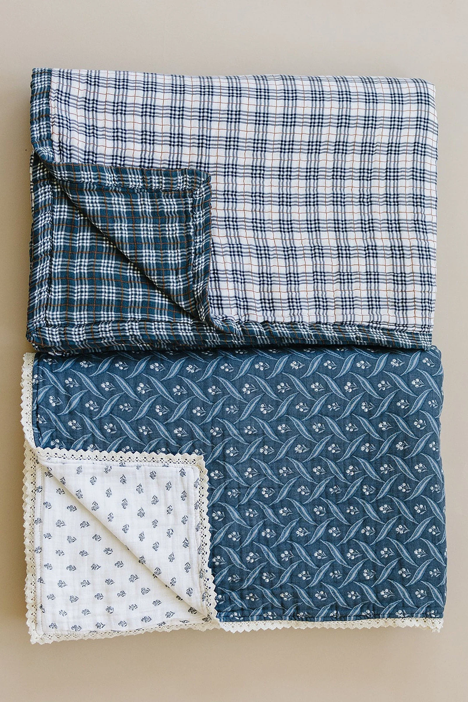 Mebie Baby Vintage Plaid + Navy Plaid Muslin Twin Quilt, 100% Cotton, Baby Essentials - Image 4