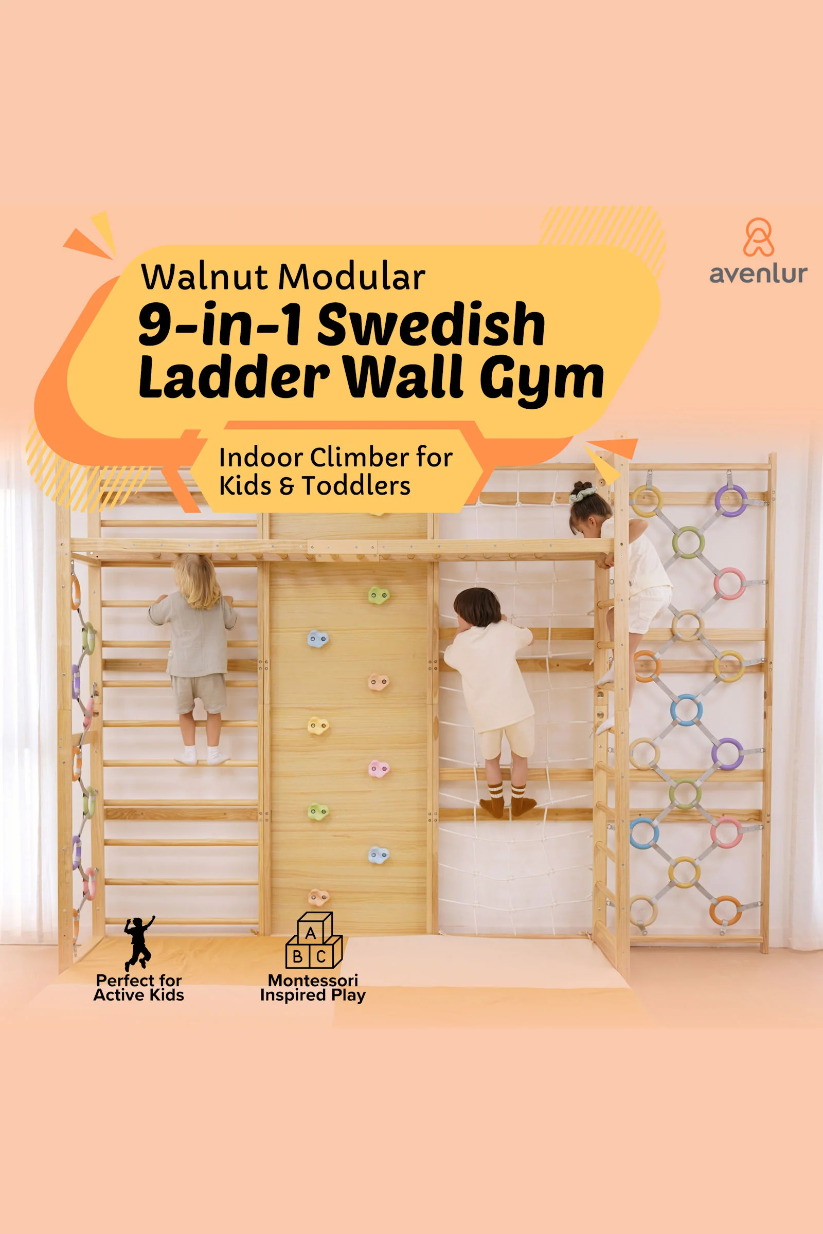 Walnut Modular Swedish Ladder Jungle Gym, Indoor, 95" Height, Wall Mounted - Image 3