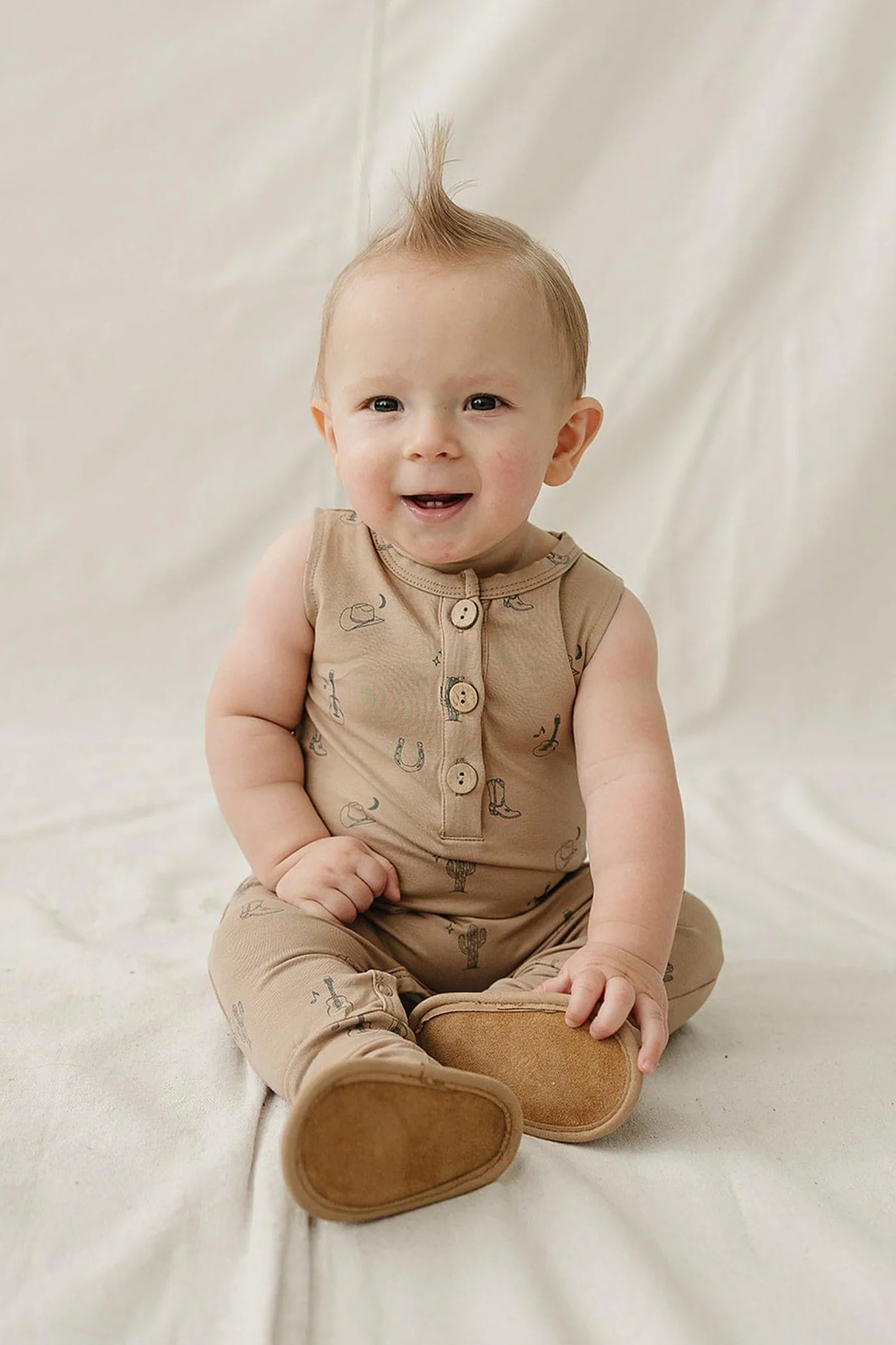 Mebie Baby Cotton Western Tank Romper for Baby Boys, Beige