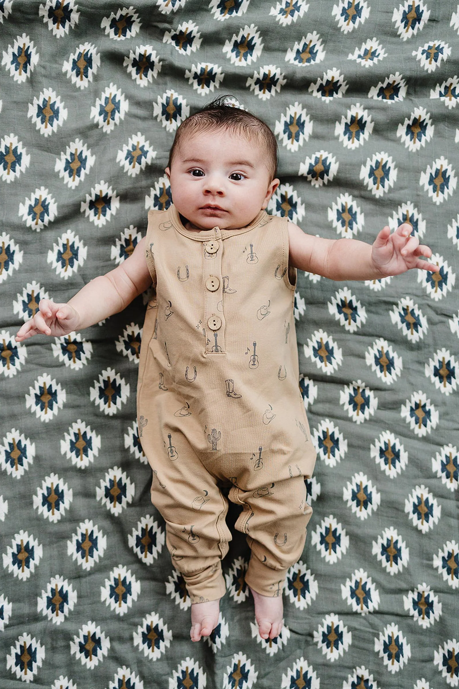 Mebie Baby Cotton Western Tank Romper for Baby Boys, Beige - Image 3