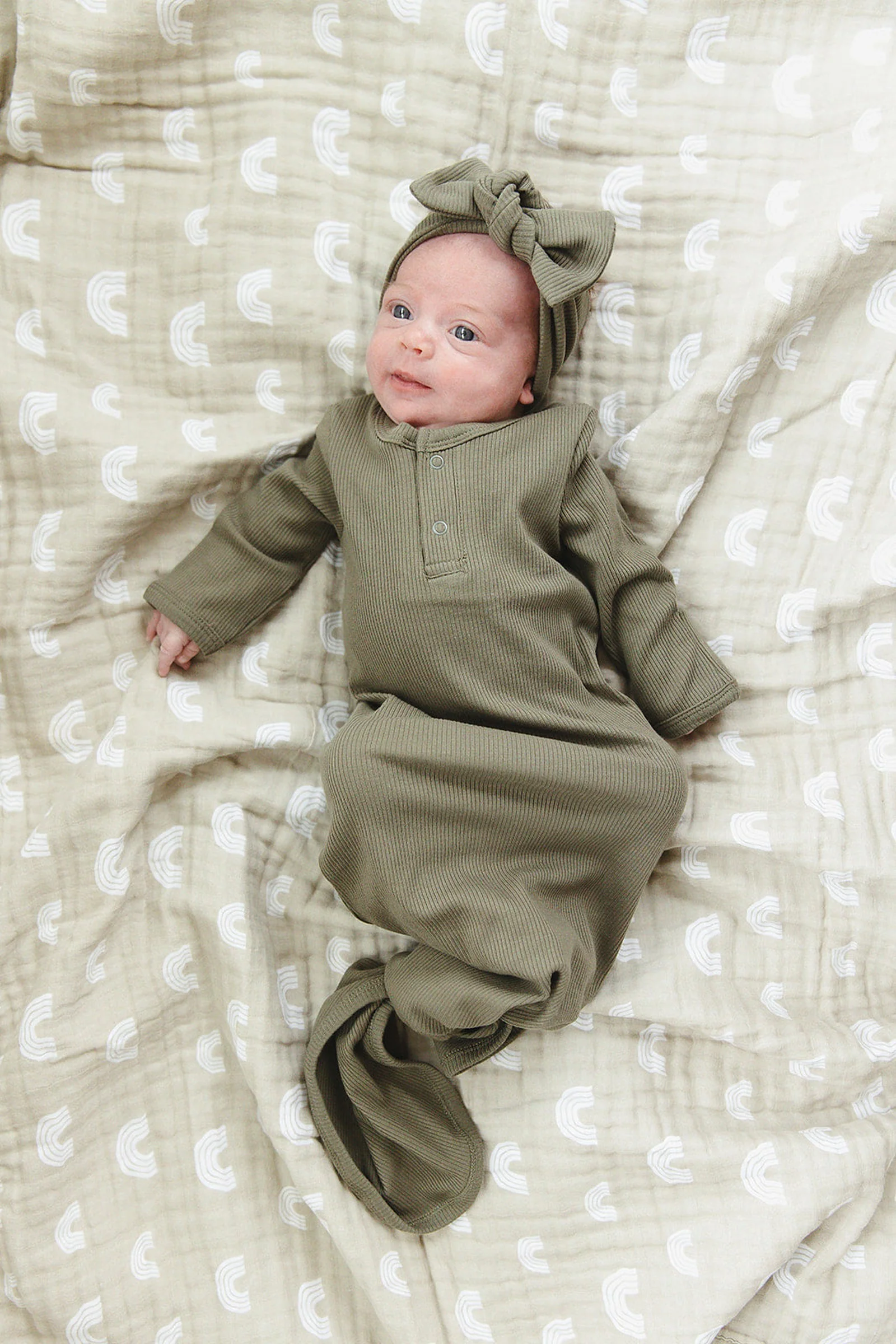Mebie Baby Winter Green Ribbed Knot Gown, Baby Essentials, Organic Cotton