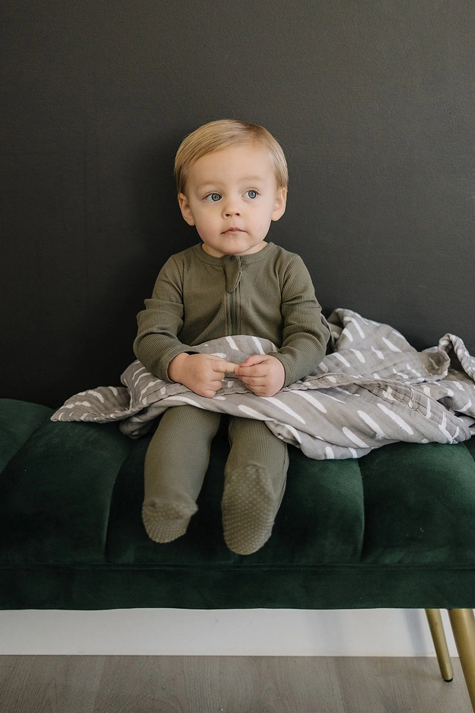 Mebie Baby Winter Green Ribbed Zipper Footed Pajama, Organic Cotton, Gender Neutral, Baby