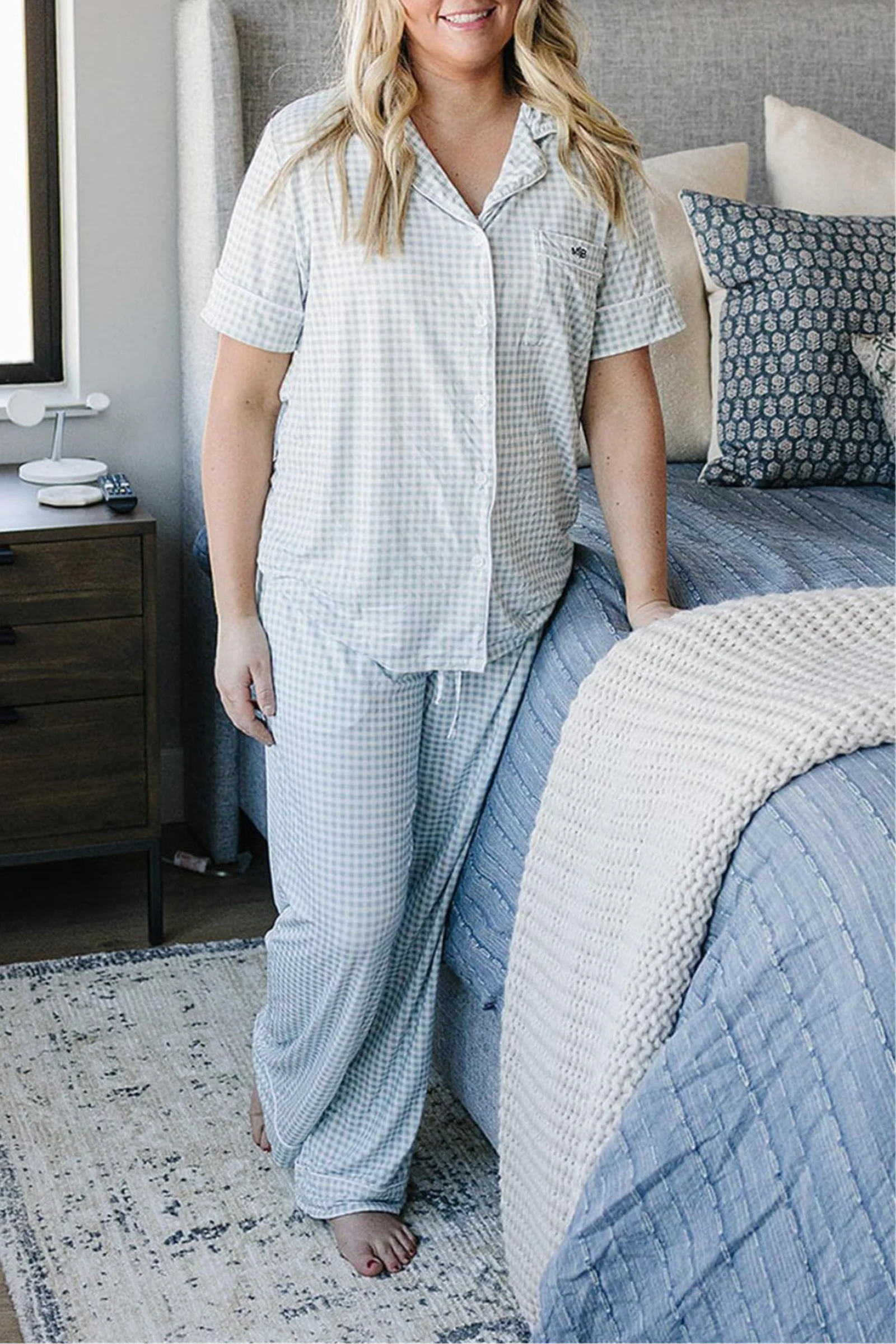 Mebie Baby Women's Light Blue Gingham Pajama Set, Bamboo