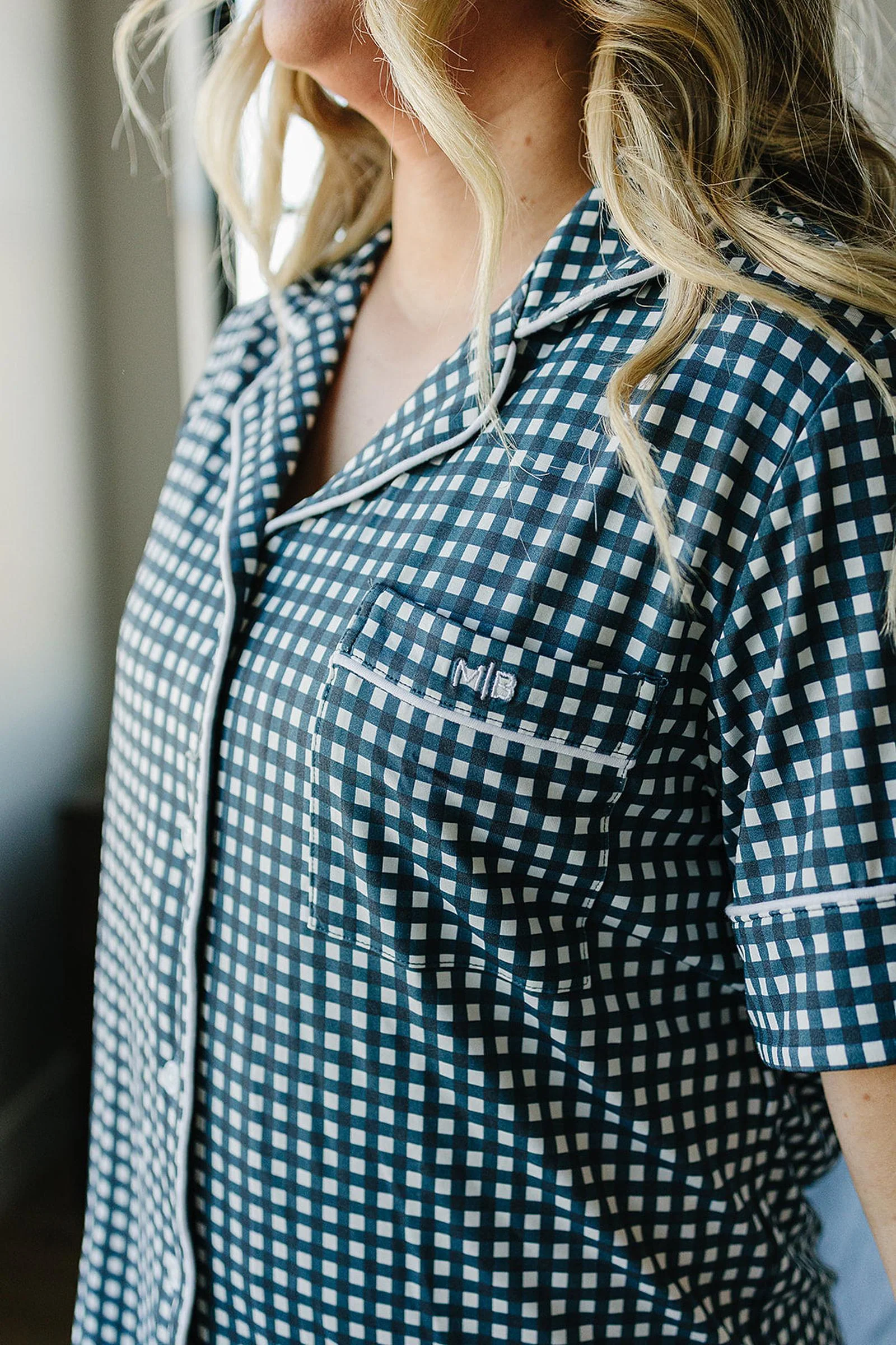 Mebie Baby Women's Navy Gingham Pajama Set, Bamboo - Image 4